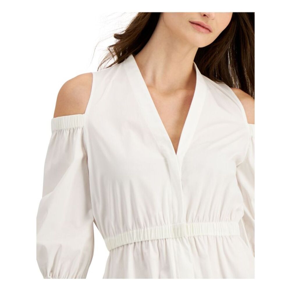 DONNA KARAN Womens White Sheer Unlined Pullover 3/4 Sleeve V Neck Peplum Top S - Picture 3 of 3